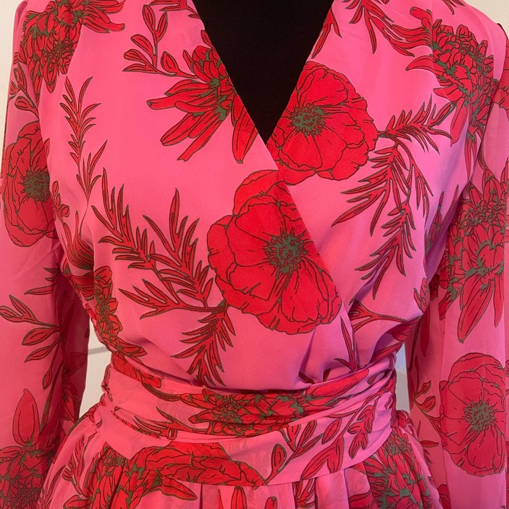Beyond Words Pink Long Sleeved Romper with Red and Green Flowers. - Picture 2 of 8